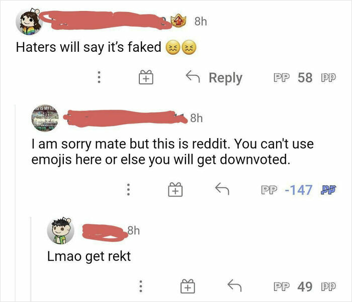 A Reddit comment being downvoted to oblivion for using emojis, following Reddit etiquette.