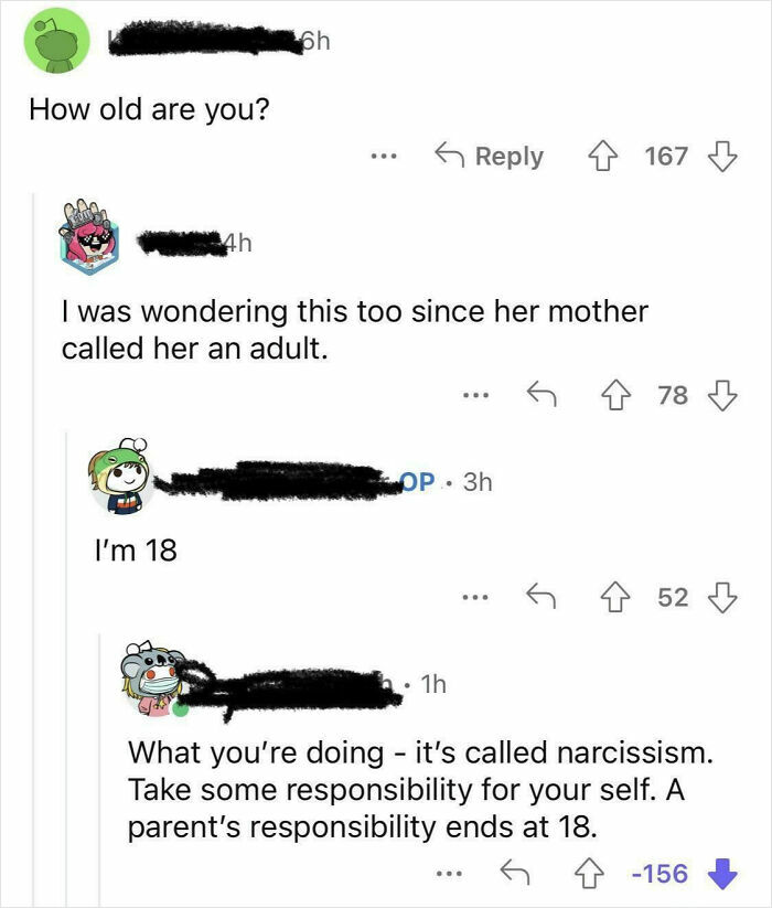 A series of comments downvoted to oblivion about age and parental responsibility, illustrating controversial online discussions.