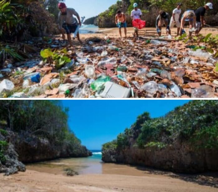Before-and-after image showing people cleaning a trash-filled beach and the same beach after cleanup, highlighting the global trash issue.
