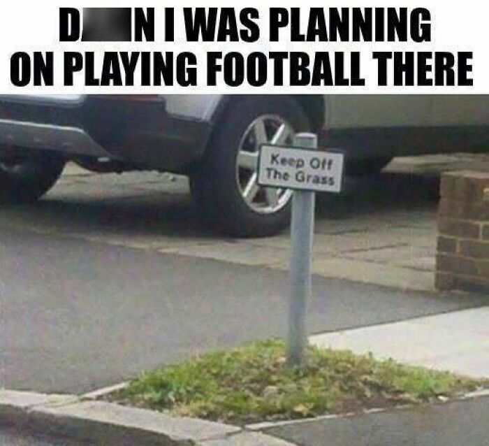 A tiny patch of grass with a funny Keep Off The Grass sign, highlighting silly restrictions.