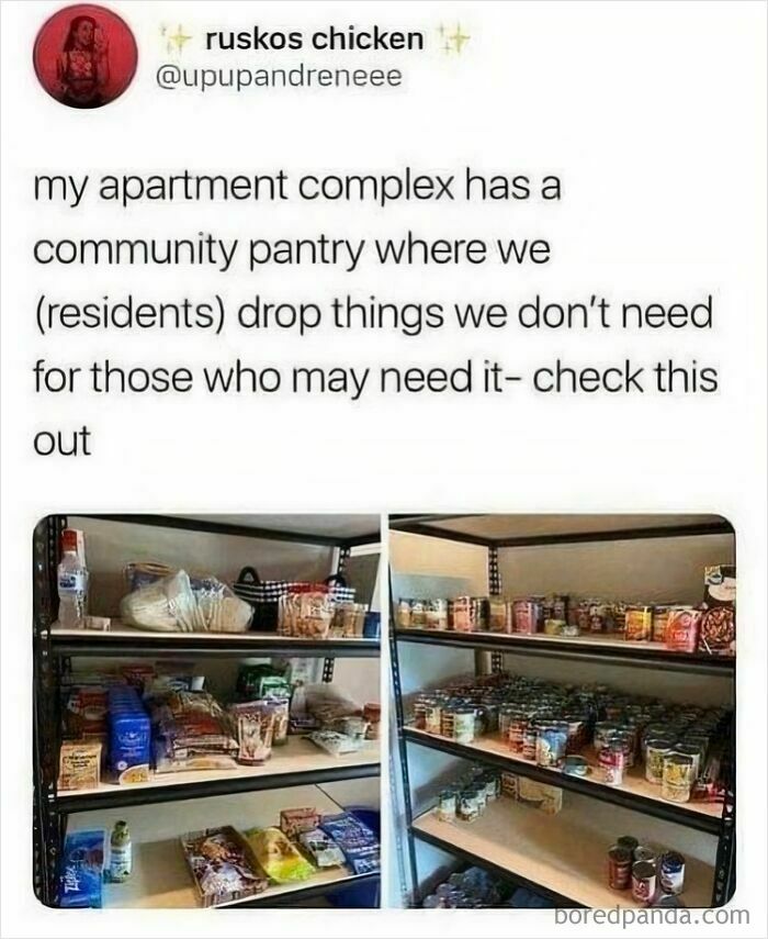 A wholesome post showing an apartment complex's community pantry filled with food, offering a tiny break.