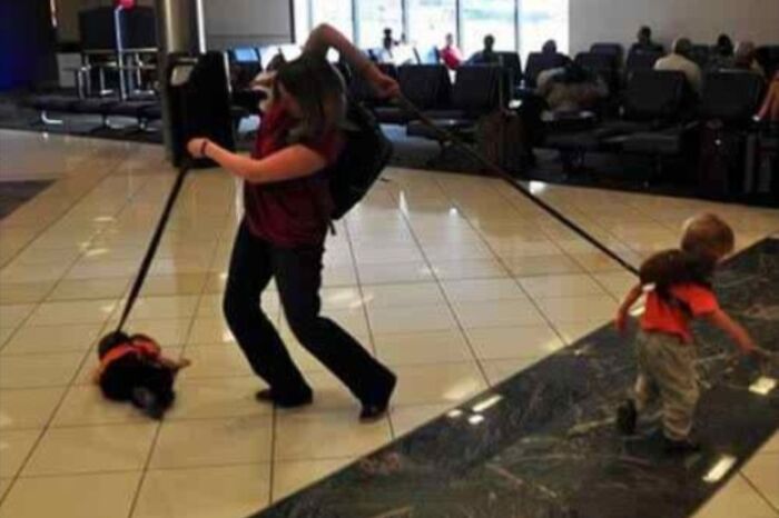 A woman pulls a toddler and a small dog on leashes through an airport, a weird thing spotted at airports.