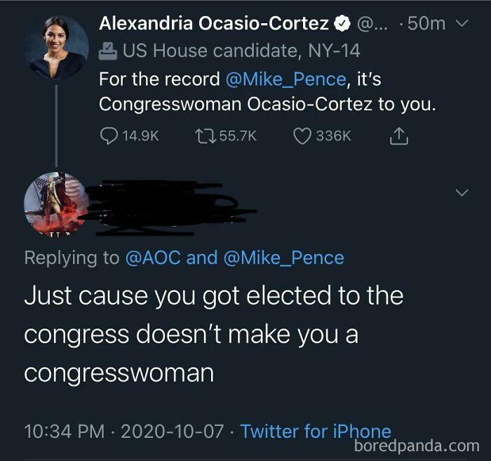 A Twitter exchange showing unbelievably stupid people denying AOC's congresswoman title after her election.