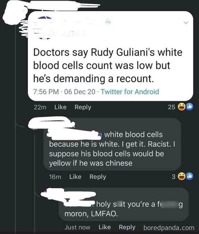 A screenshot showing unbelievably stupid comments about white blood cells and racism, highlighting people's infuriating lack of understanding.