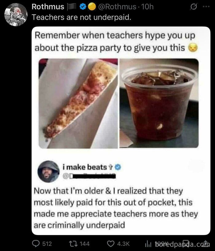A tweet by Rothmus about teachers being underpaid, revealing unbelievably stupid and infuriating perceptions of their compensation.