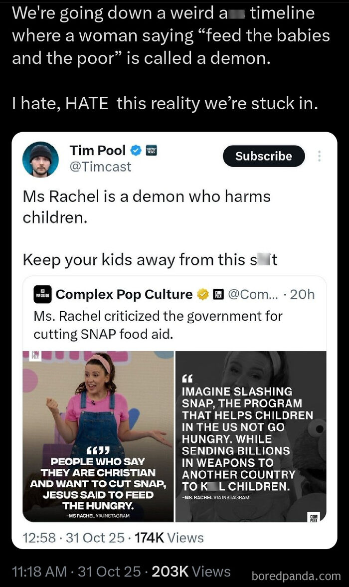 Screenshot of a tweet from Tim Pool calling Ms. Rachel a demon for criticizing SNAP food aid cuts, a moment of unbelievably stupid outrage.