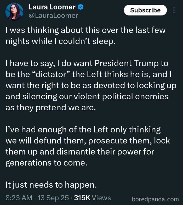 A tweet from Laura Loomer expressing unbelievably stupid and infuriating political views on President Trump.