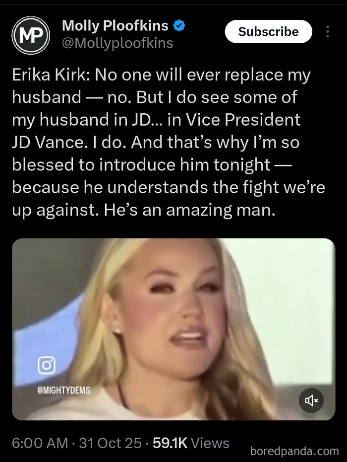 A screenshot of a tweet showing Erika Kirk speaking, with unbelievably stupid commentary about JD Vance.