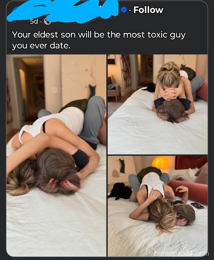 A multi-image post showing a woman embracing a child on a bed, captioned with a warning about unbelievably stupid and toxic relationships.