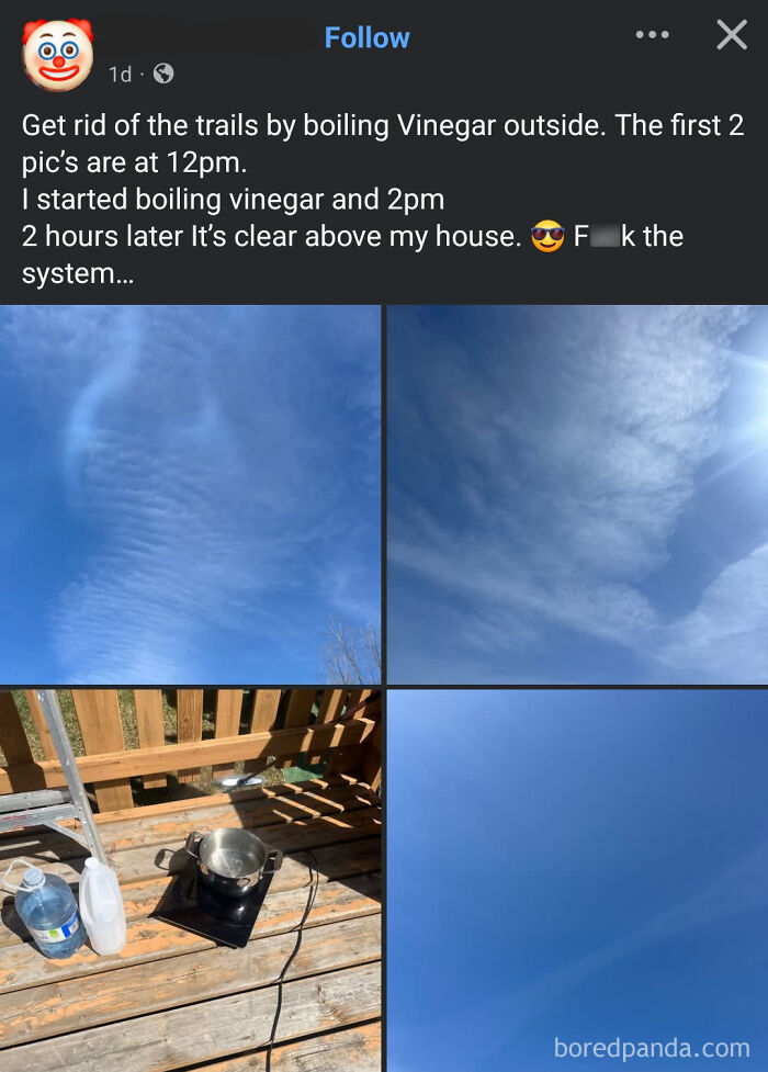 A social media post with four images showing boiling vinegar and clear skies, claiming stupid conspiracy theories.