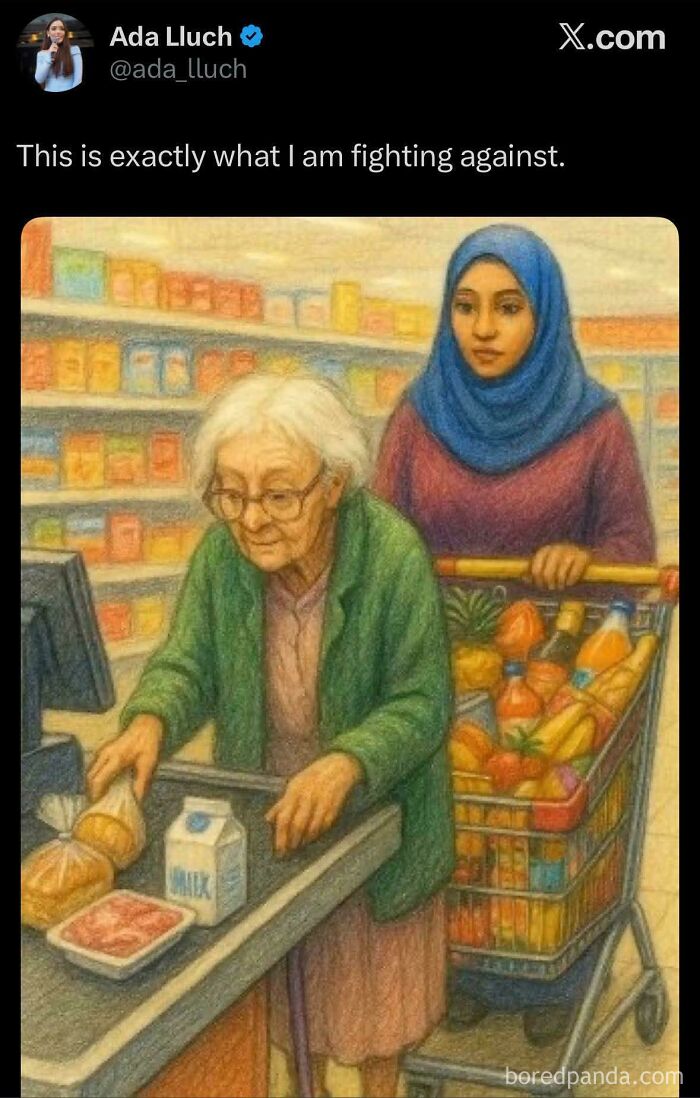 An old woman unloads groceries while another woman in a hijab stands behind her, a scene some people find unbelievably stupid.