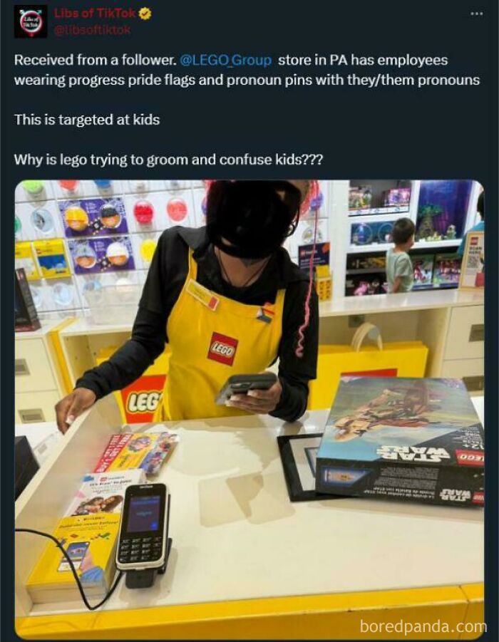A LEGO store employee at the counter, showcasing people being unbelievably stupid.