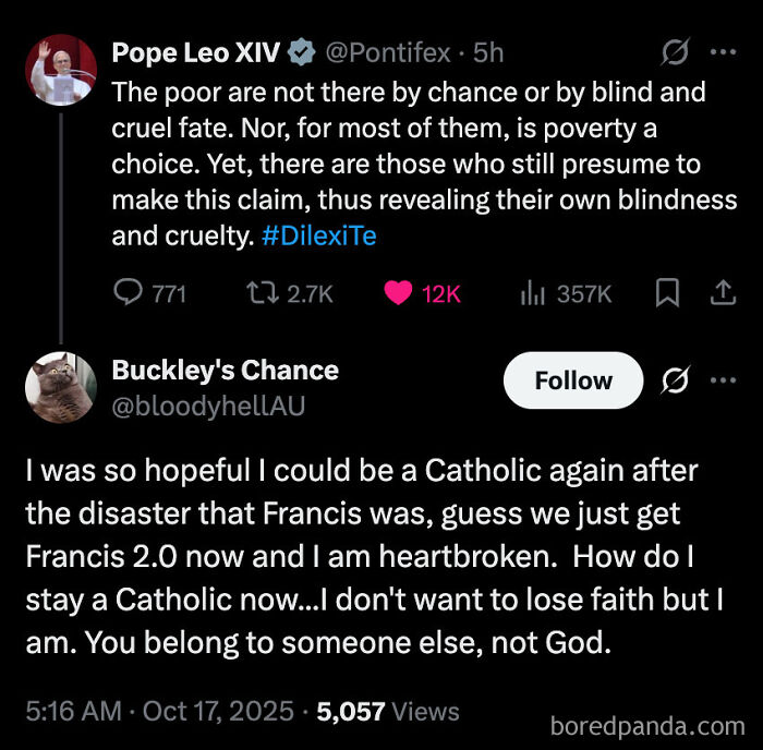 A tweet from Pope Leo XIV and a reply from Buckley's Chance, showing people's unbelievably stupid takes.