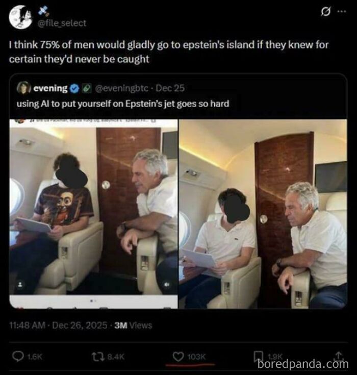 A split image of two men on a private jet, showing how some people are unbelievably stupid.