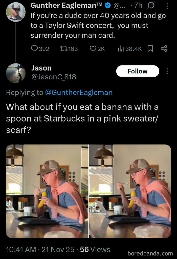 Two social media posts about people being unbelievably stupid, featuring a man eating a banana with a spoon.