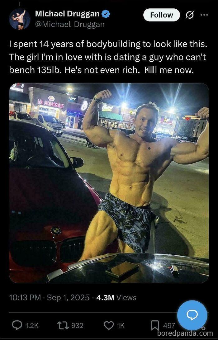 A bodybuilder posing, with a caption expressing frustration about his love interest, an infuriating personal situation.