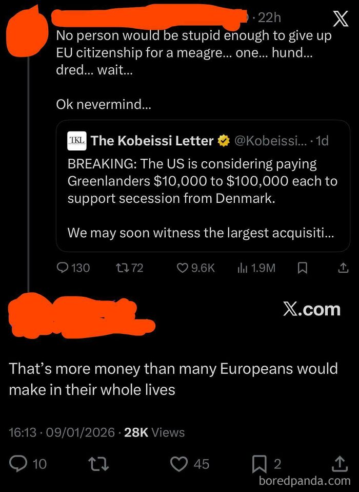 A social media post discussing the US potentially paying Greenlanders for secession, highlighting unbelievably stupid decisions.