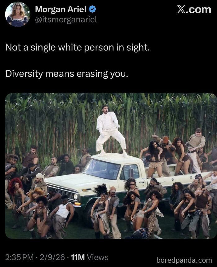 People were unbelievably stupid and infuriating: A tweet with an image of a diverse group of people dancing around a truck in a field, with text stating, Not a single white person in sight. Diversity means erasing you.