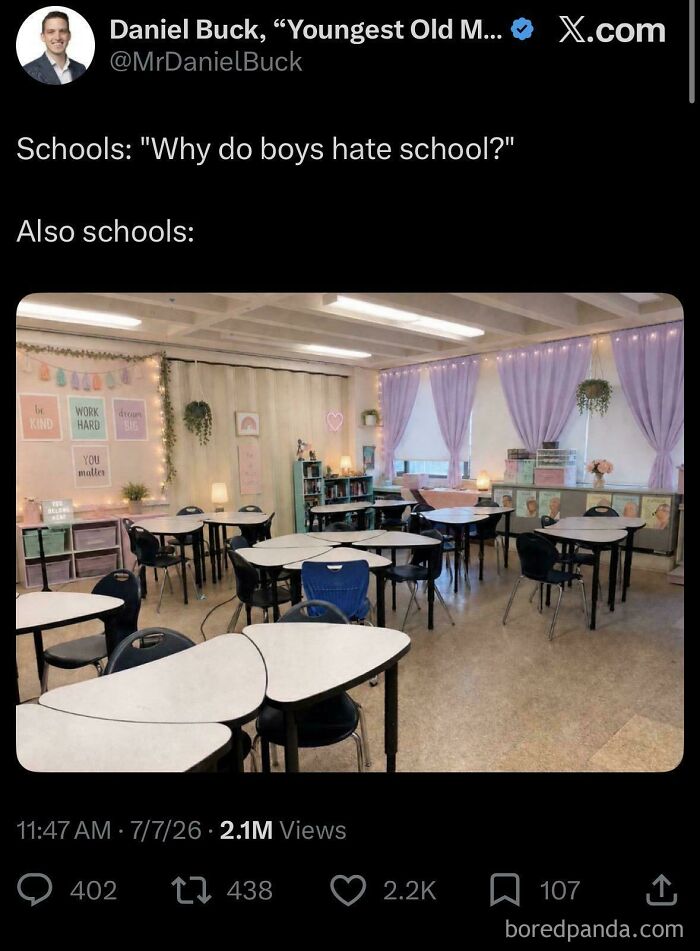 People were unbelievably stupid and infuriating: A tweet showing a classroom with purple and pink decorations, implying it's why boys hate school.