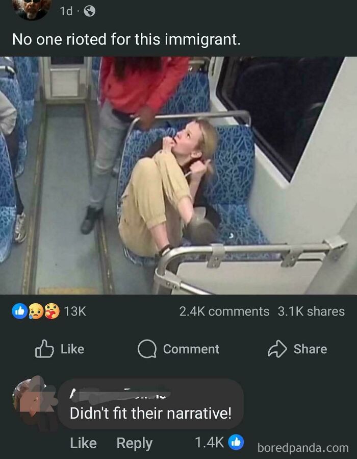 People were unbelievably stupid and infuriating: A person on a train holds a woman down on a seat, while text reads, No one rioted for this immigrant.