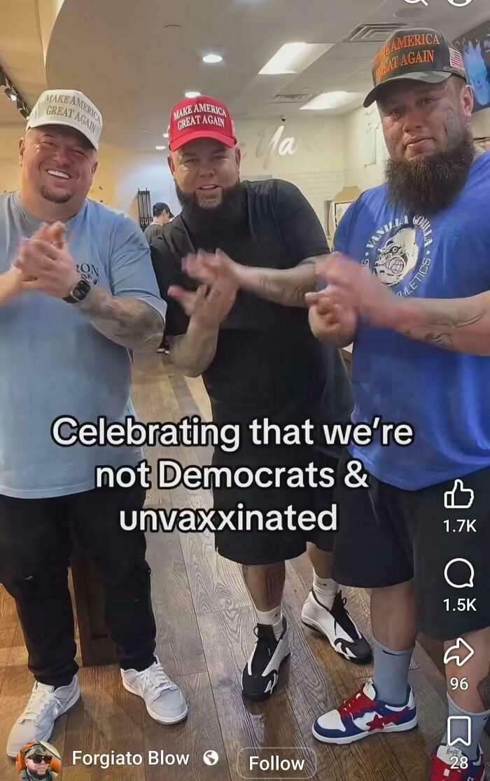 Three men wearing Make America Great Again hats, celebrating being unvaccinated, showing unbelievably stupid beliefs.