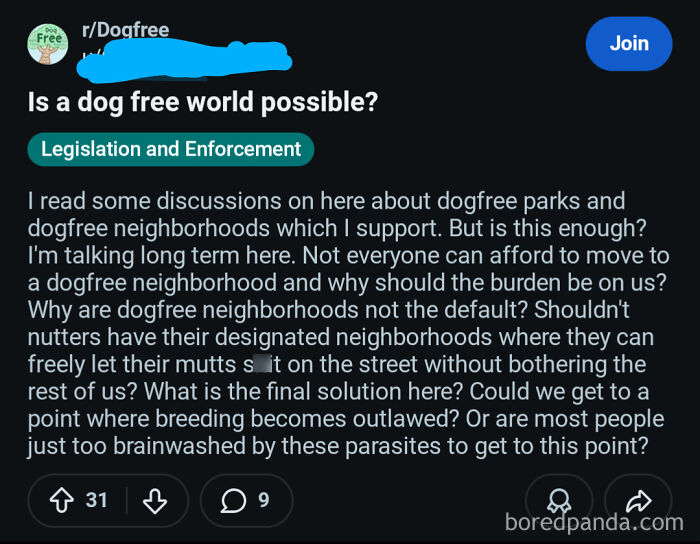A Reddit post from r/Dogfree discussing a dog-free world, showcasing an unbelievably stupid and infuriating discussion.