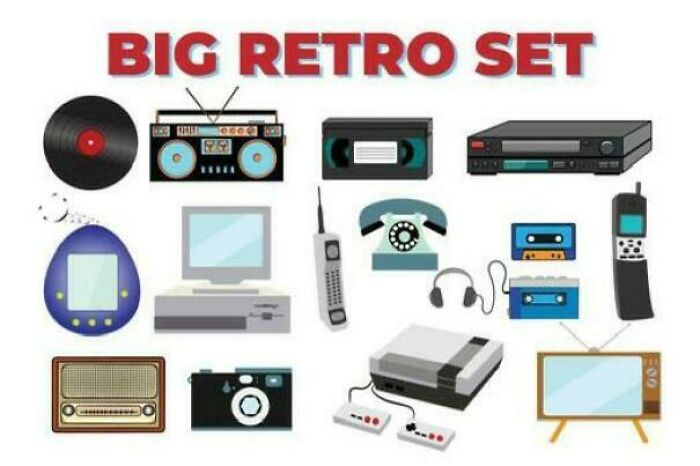 An illustration of various 80s retro tech items, including a record player, boombox, VCR, and video game console.