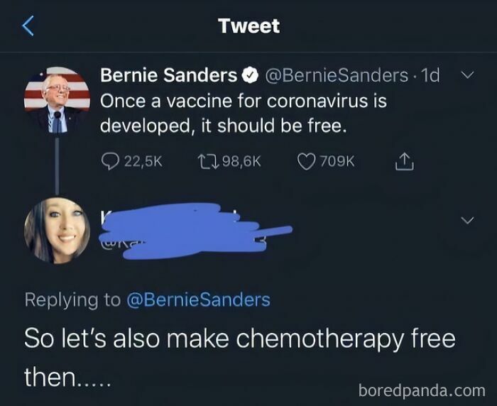 A screenshot of a tweet by Bernie Sanders stating a coronavirus vaccine should be free, met with a stupid reply.