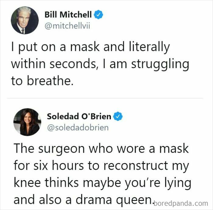 A screenshot of tweets where someone struggles to breathe with a mask, called a drama queen, demonstrating people's stupidity.