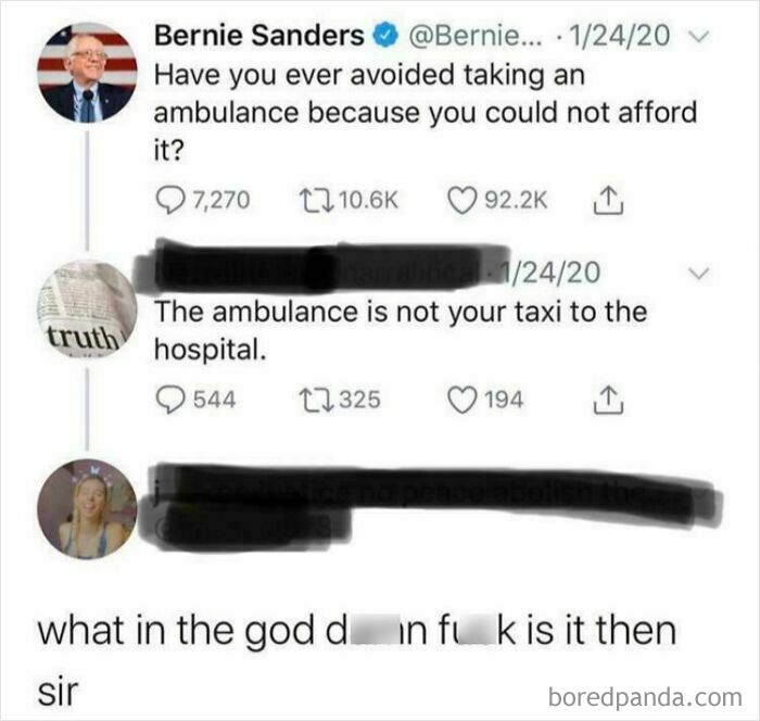 A screenshot showing tweets about avoiding ambulances due to cost, highlighting unbelievably stupid ambulance perceptions.