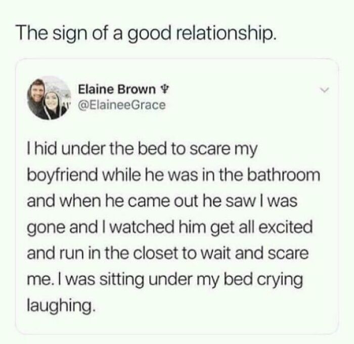 A chuckle-some relationship meme about a person scaring their boyfriend and then crying and laughing.