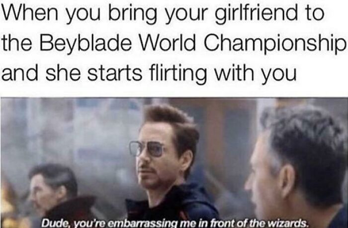 A meme with Tony Stark reacting to a girlfriend flirting, a funny take on relationships and life scenarios.