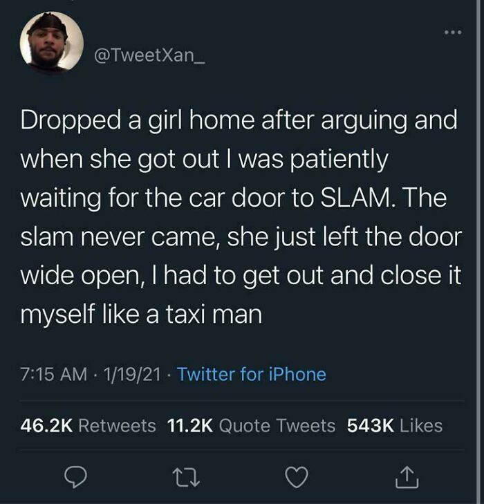 A tweet meme about a car door incident after an argument, a relatable situation for relationships and life memes.