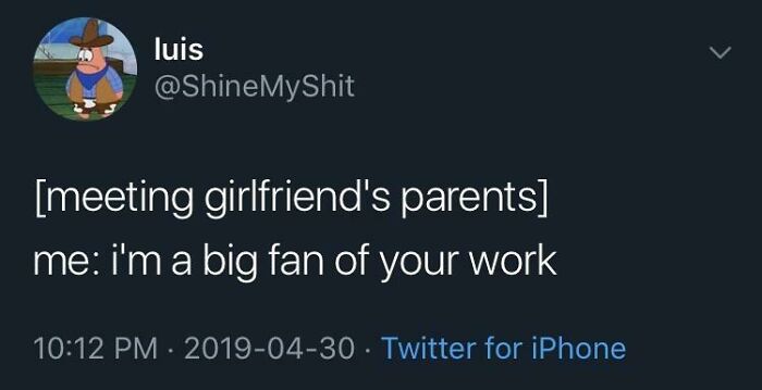 A tweet meme about meeting a girlfriend's parents, highlighting funny relationships and life moments.