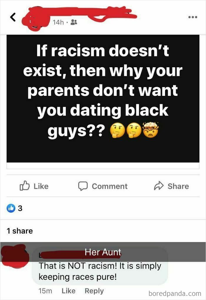 A social media post with unbelievably stupid and infuriating comments about racism and racial purity.