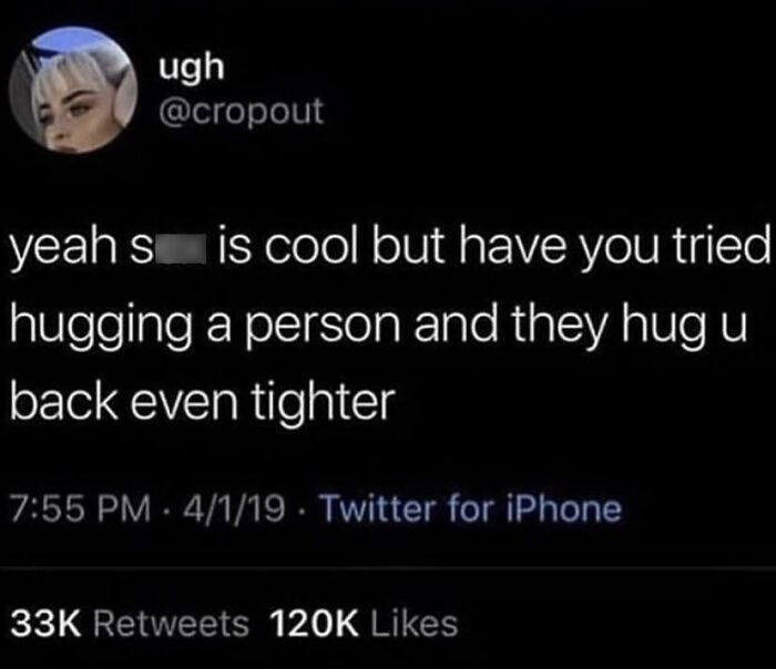 A tweet about the joy of a tight hug, a chucklesome meme showcasing warmth in relationships.