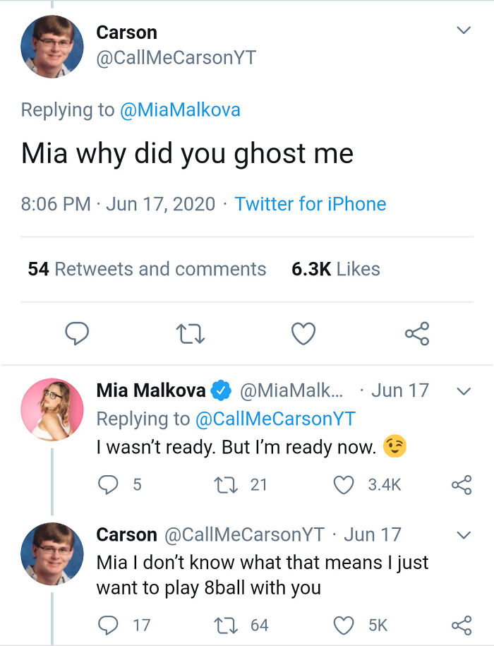 A series of tweets between Carson and Mia Malkova, a chucklesome exchange about relationships, revealing a misunderstanding about ghosting.