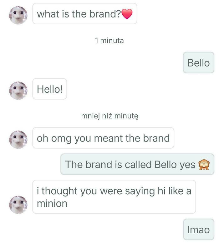 Unhinged Vinted posts include a funny conversation about a brand named Bello, mistaken for a Minion greeting.