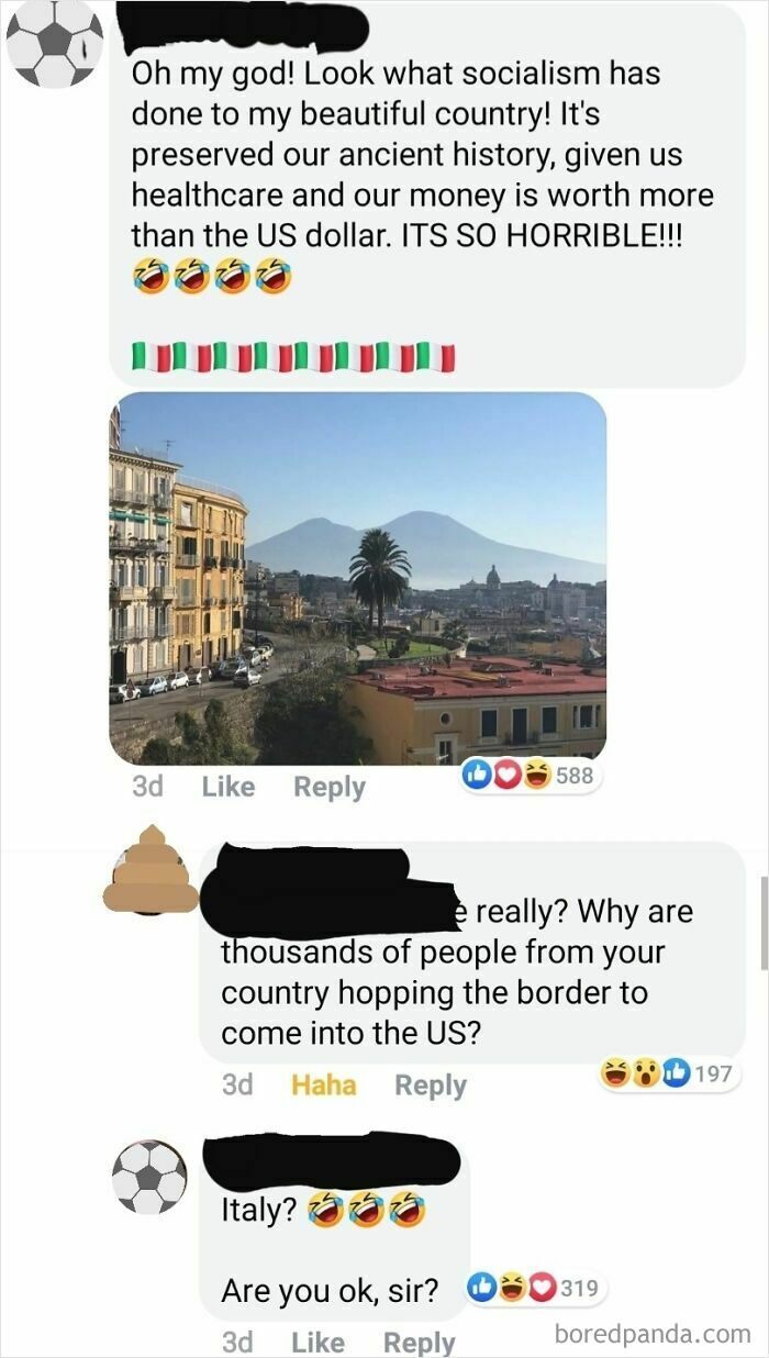 A social media post where someone is being unbelievably stupid by confusing Italy with the USA and praising socialism.