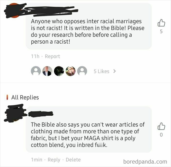 A social media post opposing interracial marriages, claiming it's biblical, met with a reply about biblical clothing rules and a MAGA shirt, highlighting unbelievably stupid people.
