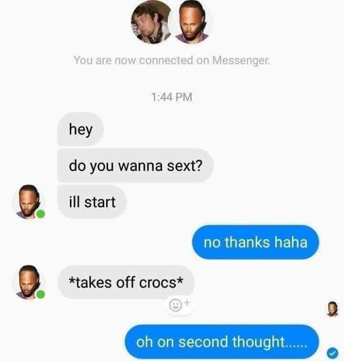 A funny Messenger conversation about sexting with a joke about taking off Crocs, a chucklesome meme about relationships.