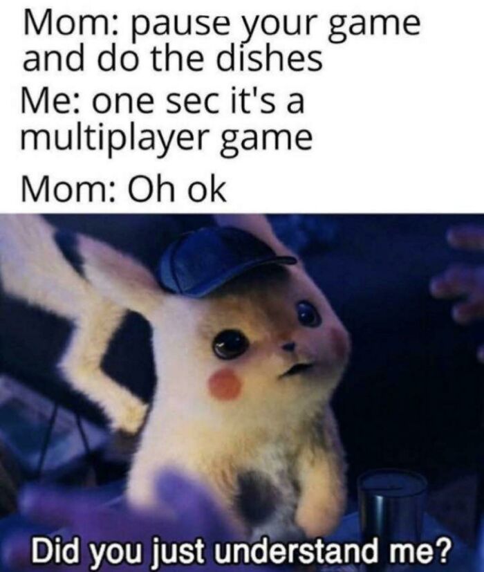 A funny meme of Pikachu in a hat reacting to a mom understanding a multiplayer game, highlighting chucklesome relationships.