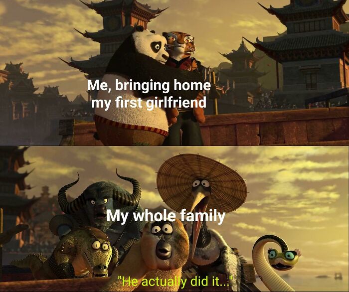 A Kung Fu Panda meme showing Po introducing his first girlfriend to his family, humorous for relationships.