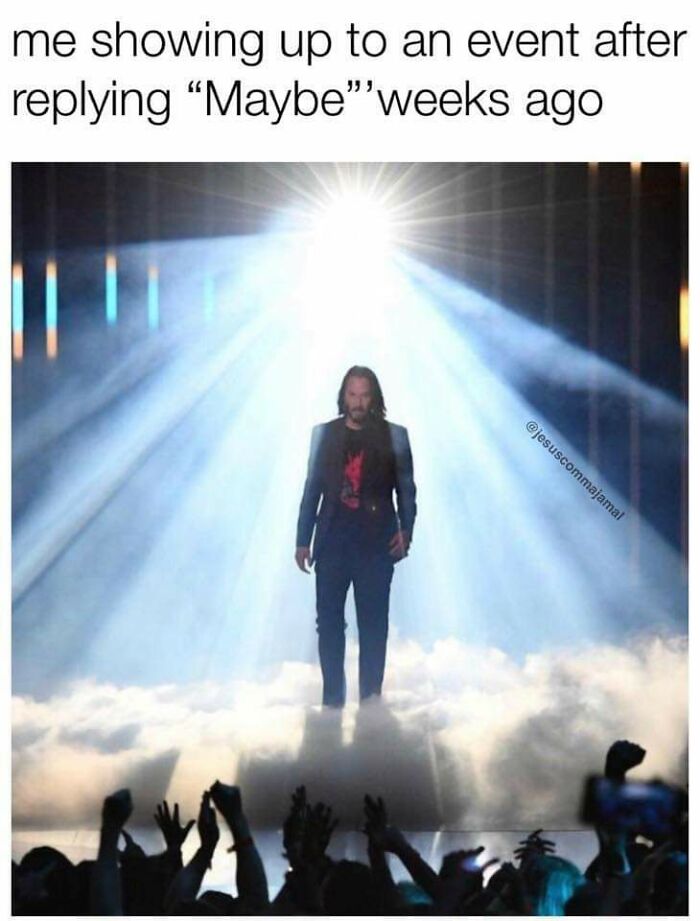 A meme of a person illuminated by a spotlight, representing showing up to an event, highlighting life and relationships.