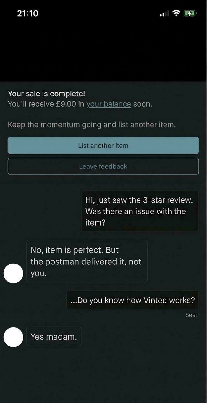 A screenshot of a Vinted chat displaying a sale completion and a humorous exchange about a 3-star review, showing unhinged Vinted posts.
