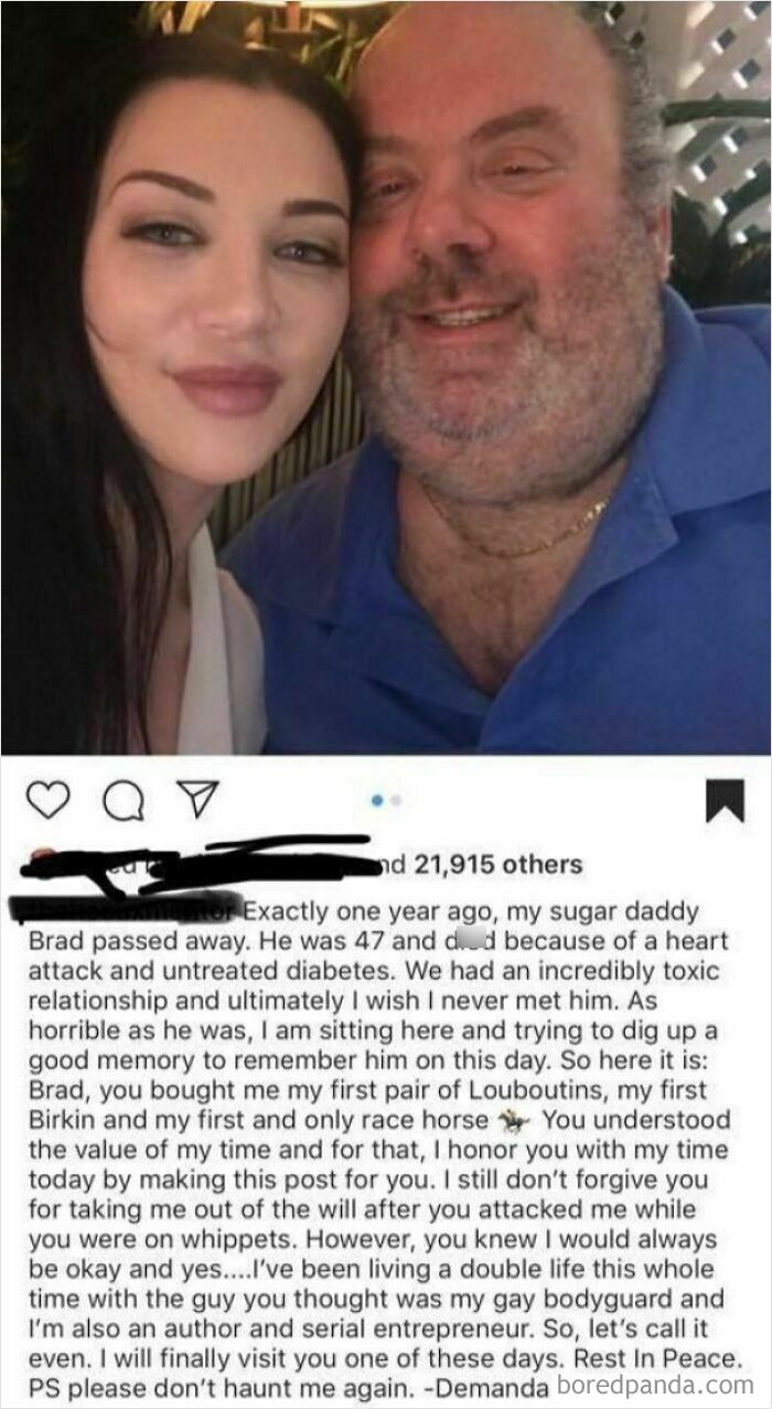 A social media post with a photo of a woman and an older man, detailing an unbelievably stupid and infuriating story about a sugar daddy.