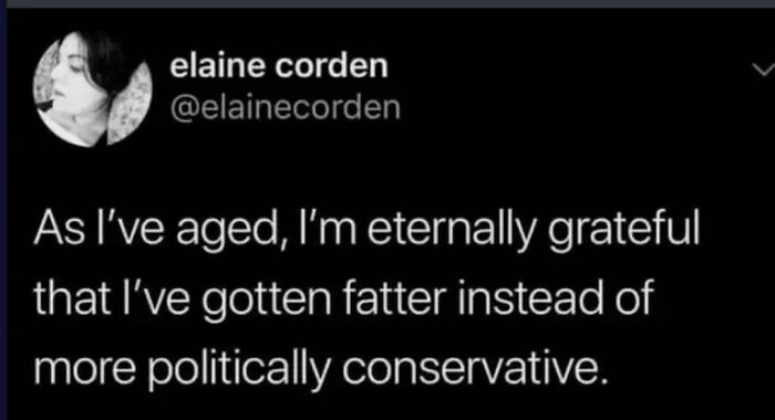 A funny tweet from Elaine Corden about aging, life, and memes.