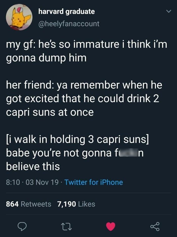 A funny tweet about immature relationships and memes.