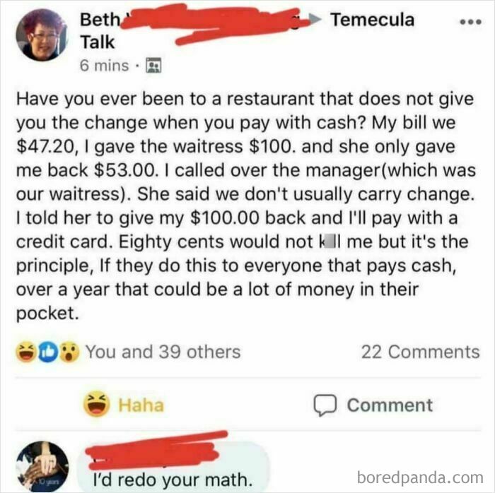 A Facebook post showing unbelievably stupid math error about restaurant change and an infuriating comment asking to redo the math.