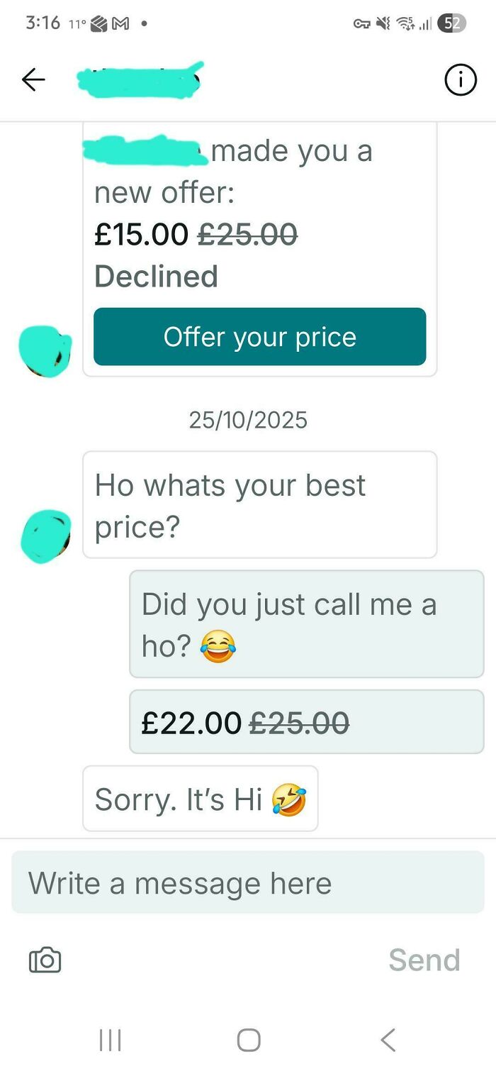 A screenshot of a Vinted chat where a user offers a price, makes a typo, and apologizes, showcasing unhinged Vinted posts.